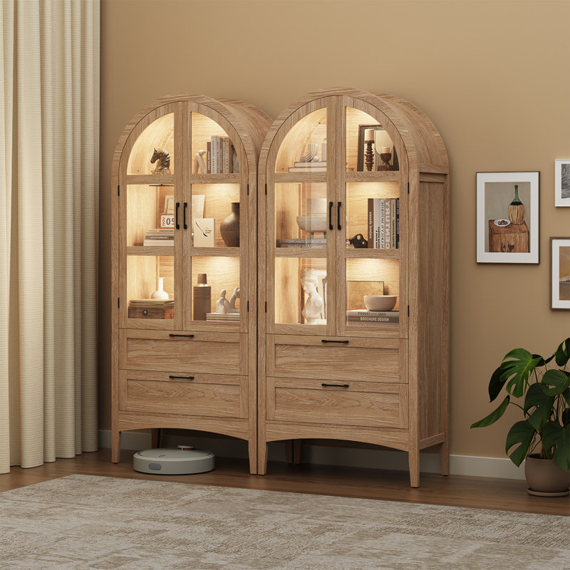 Vitrine de rangement arquée H 71 po avec lumières DEL, luminosité réglable et grand tiroir, portes autoportantes en verre trempé de grande capacité