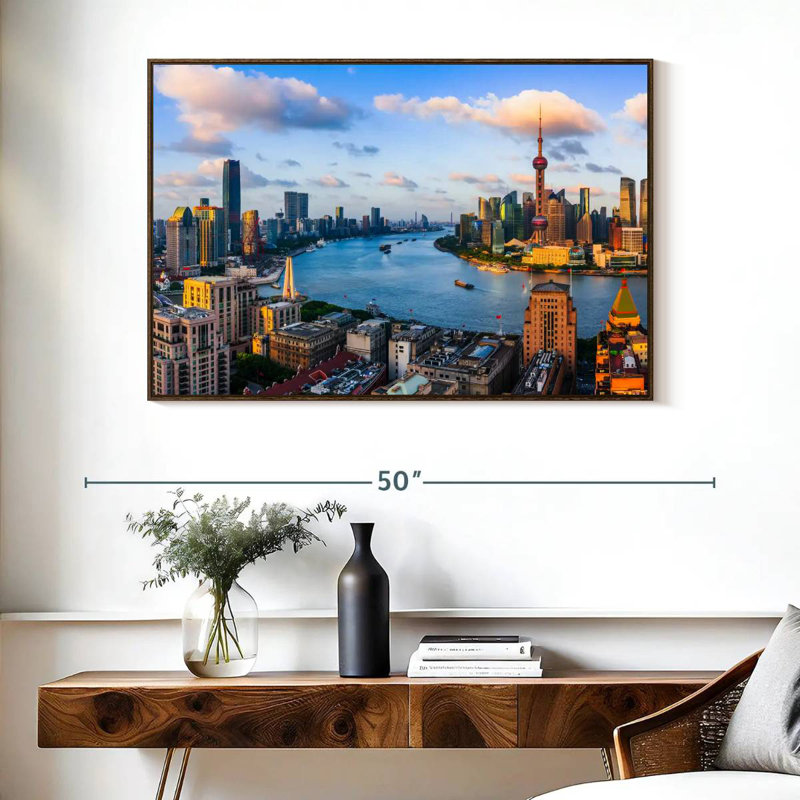 Horizon du coucher du soleil de Changhaï, Cadre flottant noyer, 40 po x 27 po
