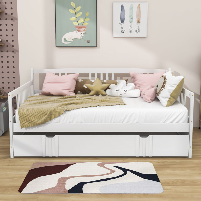 Lit de jour en bois avec lit gigogne Pearces, Double, Blanc