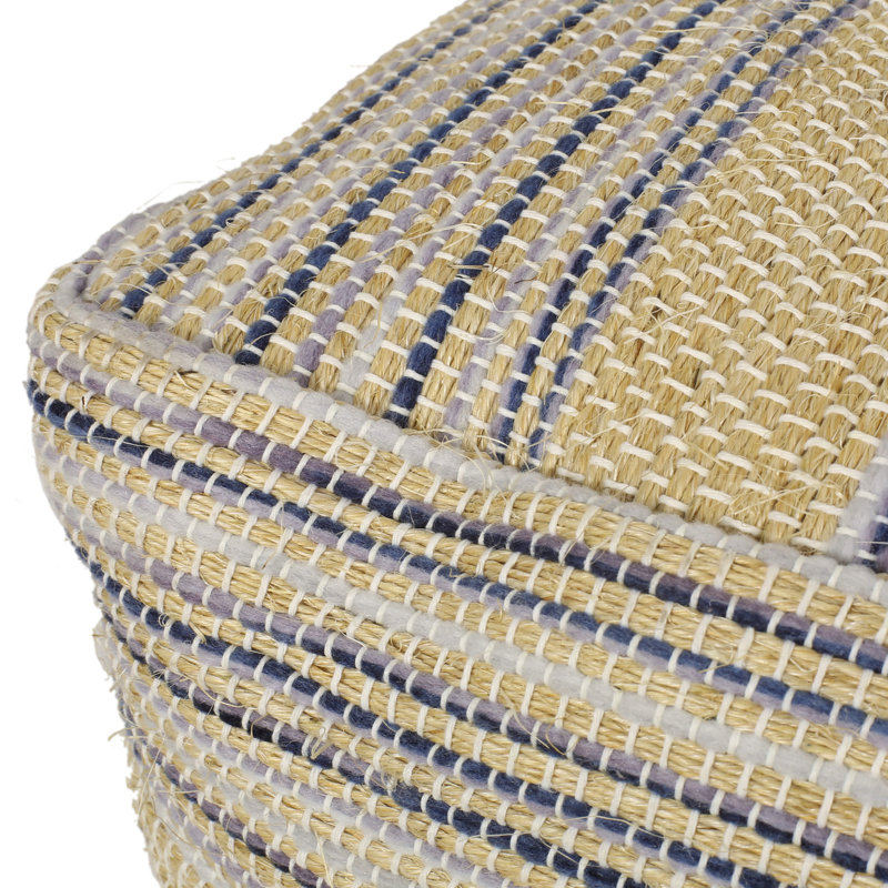 Handcrafted Square Pouf Ottoman, Natural Blue Wool Blend, 16 X 16 X 16 Inches