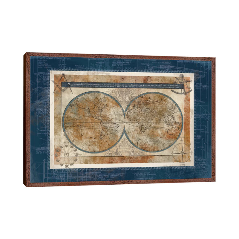Blueprint Of The World by Carol Robinson - Print on Canvas, Classic Brown Wood Framed Canvas, 66.04 cm H x 45.72 cm W