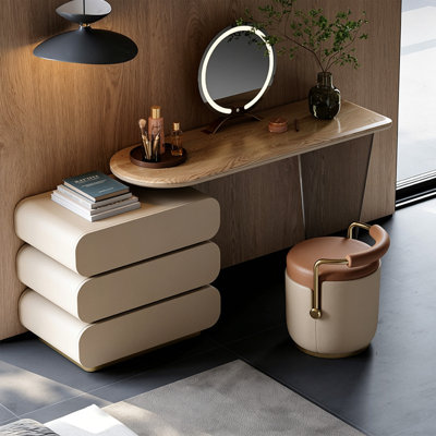 39.37" Italian Light Luxury Ash Wood Top Vanity Table – Solid Wood Multi-Layer Board Upholstered Storage Cabinet, Transparent Acrylic Legs, Large-Capacity Drawer Storage, Modern High-Appeal Bedroom Makeup Desk