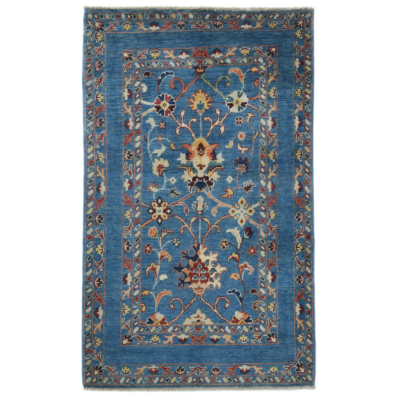 Tapis oriental moderne bleu unique 3 x 5 One-of-a-Kind