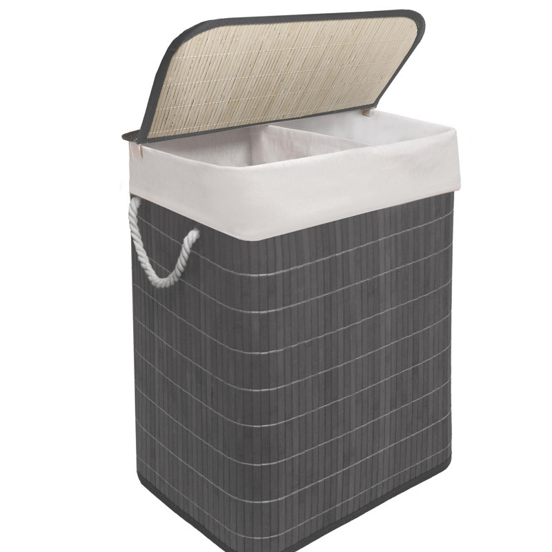 Bamboo Laundry Hamper 105l Dual Compartment Basket Removable Liner Foldable Storage Hamper With Lid, Grey
