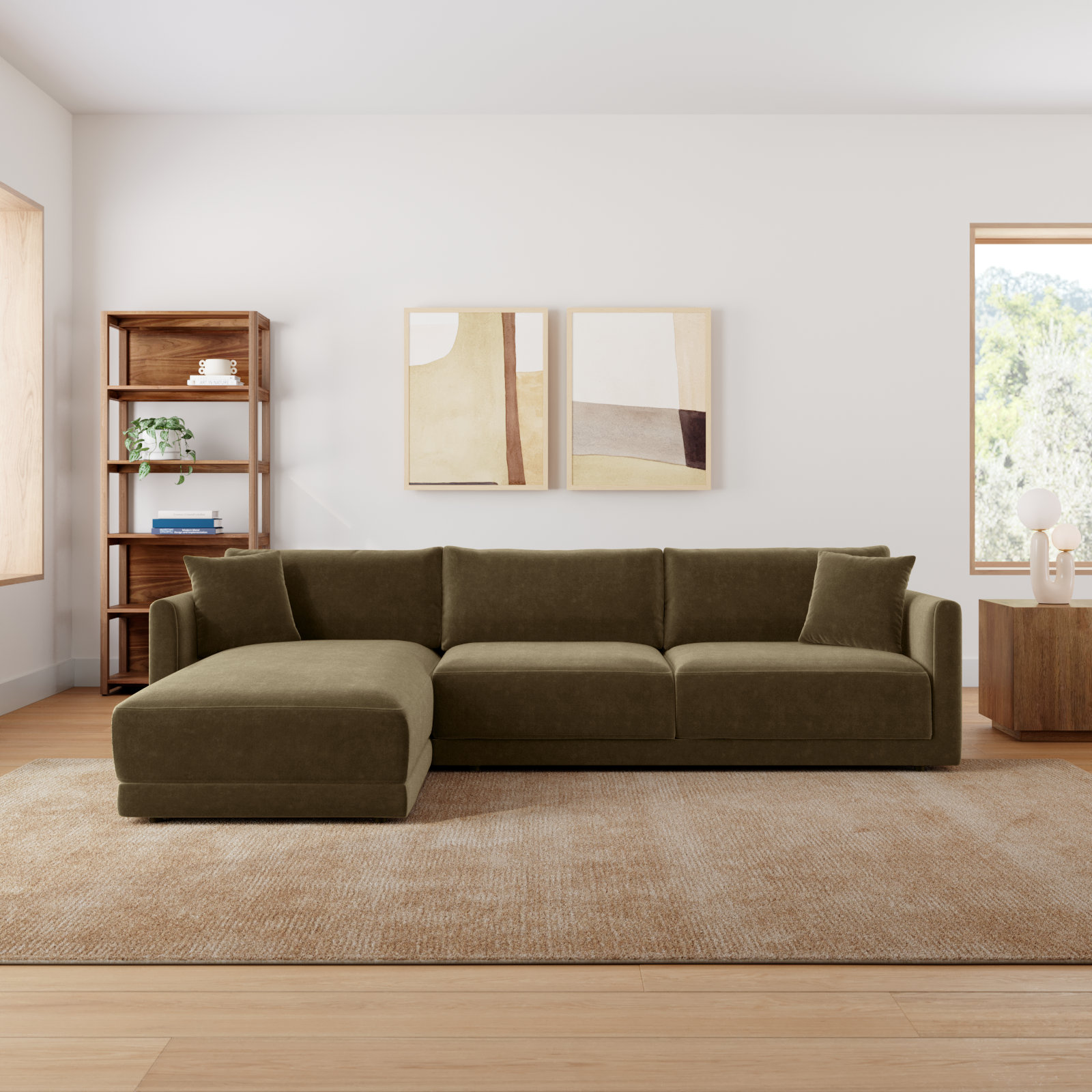 Vervino Upholstered Sectional, Moss Olive Green Performance Chenille, Left Hand Facing