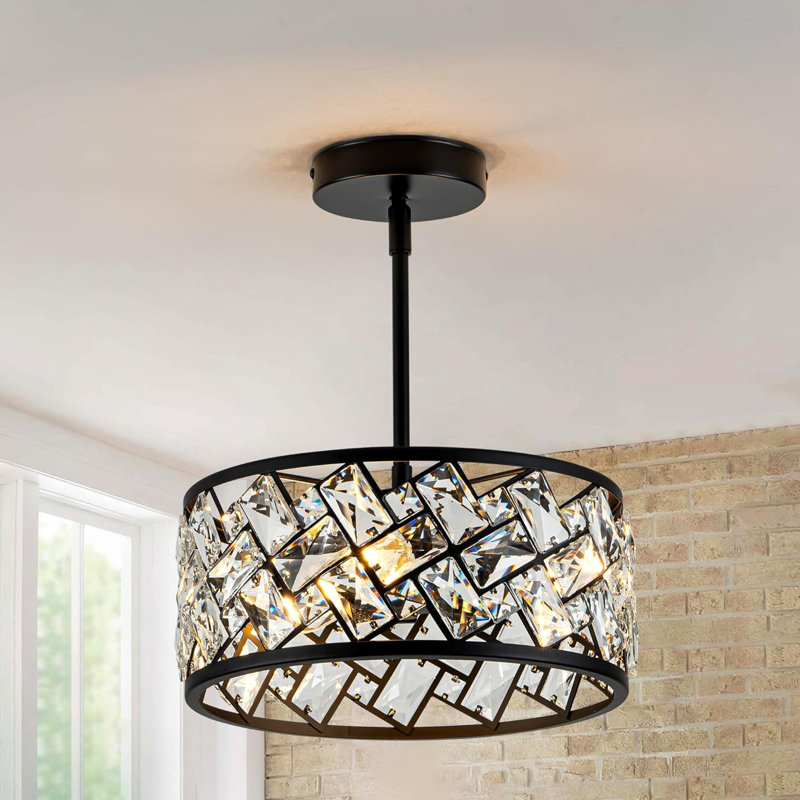 Plafonnier semi-encastré moderne en cristal, lustre noir avec abat-jour en cristal transparent pour la cuisine, la chambre, la salle de bain, le salon, le vestibule, le couloir