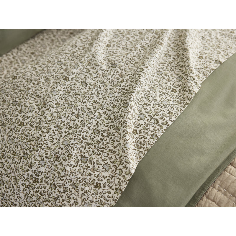 Organic Print Percale Floral Sheet Set, California King, Olive Asterid