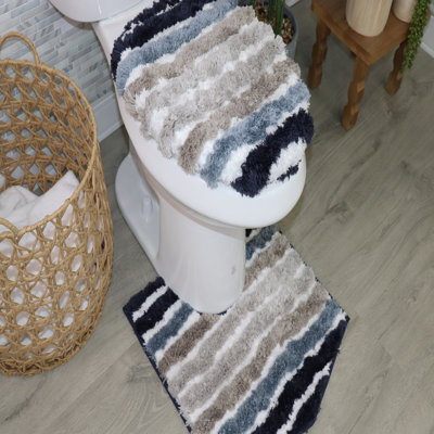 Toilet Rug Set of 2, Ultra Soft Microfiber Bathroom Mats with Contour Rug and Lid Cover, Absorbent & Quick Drying, Non-Slip, Machine Washable – 18x18, 20x20 for Toilet & Bathroom Navy