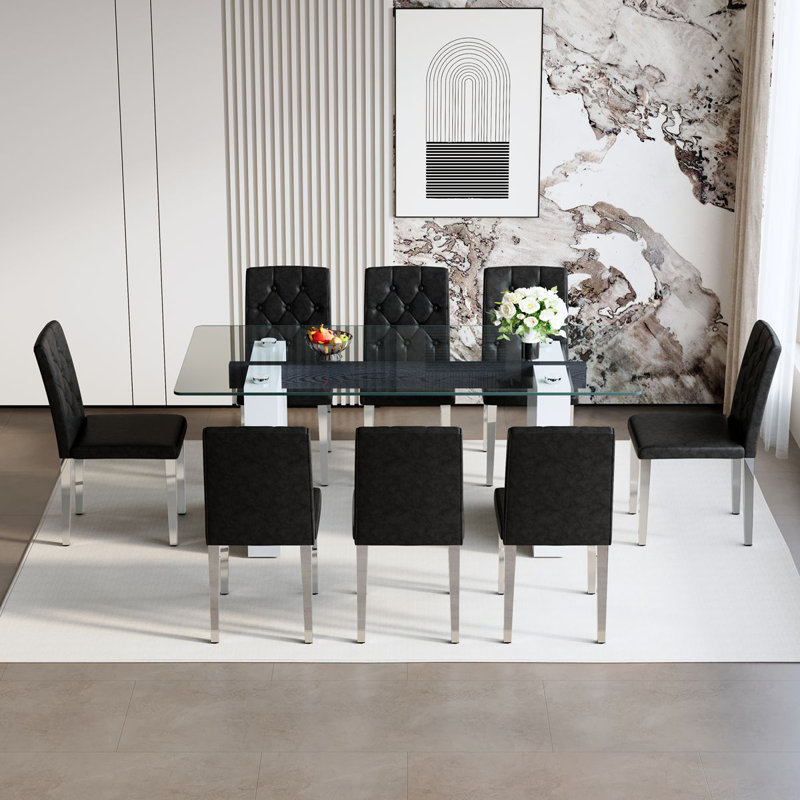 71" Modern Dining Table Set With PU Leather Chairs, Elegant Kitchen Table For Family Meals, Black, 9 Pieces: Table, 8 Chairs 