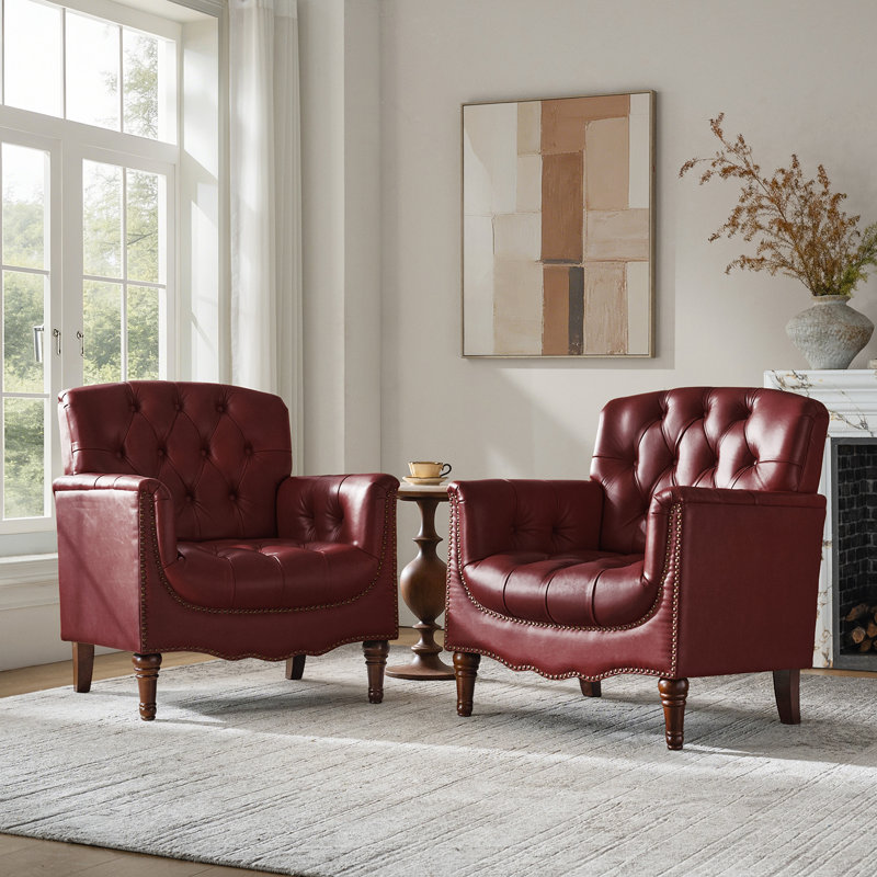 Annja 32" W Tufted Genuine Leather Armchair, Burgundy