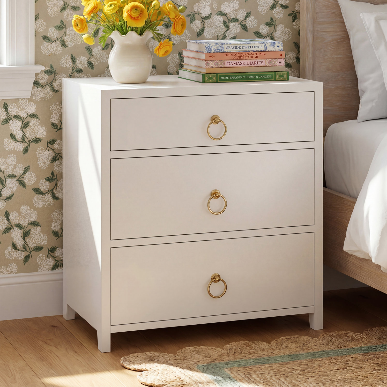 Elin 3-Drawer Acacia Nightstand, White