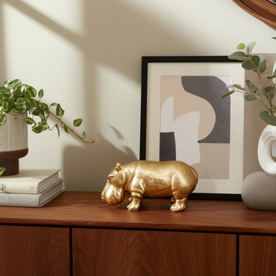 Figurine Pottery Cement Hippo-Shaped Boho Glam Accent for Home Office Bedroom Living Room Decor Display - 4" Gold & Metallic