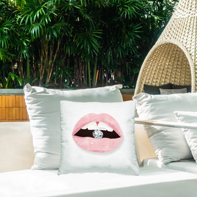 Shine On Motivational Phrase Pink Lips Diamond Bite Outdoor Printed Pillow by Mercedes Lopez Charro