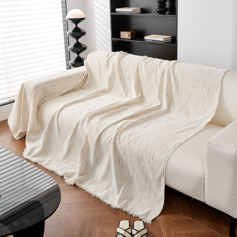 Housse pour canapé à rayures fines multicolores en chenille classique, Chenille beige / blanc, H 71 po x l 134 po x P 0,1 po