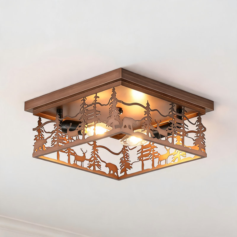 2- Light Rustic Black Square Flush Mount Ceiling Light Fixture, Bronze