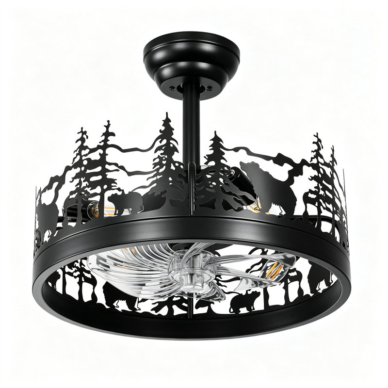 Ventilateur de plafond encastré rustique noir de 45 cm (17,7 po) avec éclairage, motif animaux de la forêt, 6 vitesses réversibles et télécommande programmable.