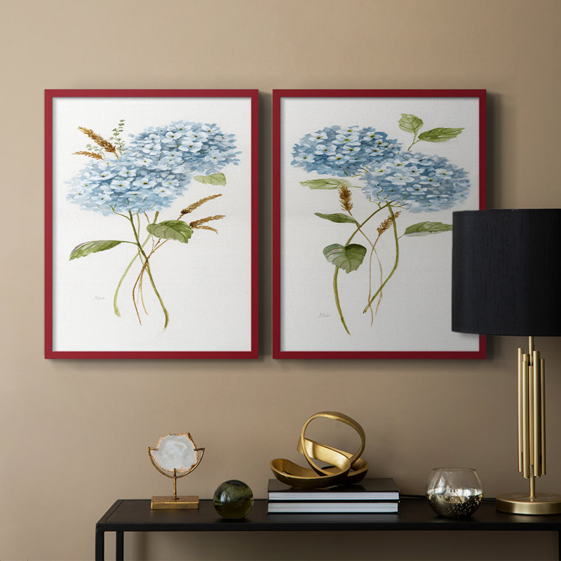 Petite hortensia bleue I - impression encadrée de qualité supérieure - prête à être accrochée - aucun clou requis - aucun clou requis