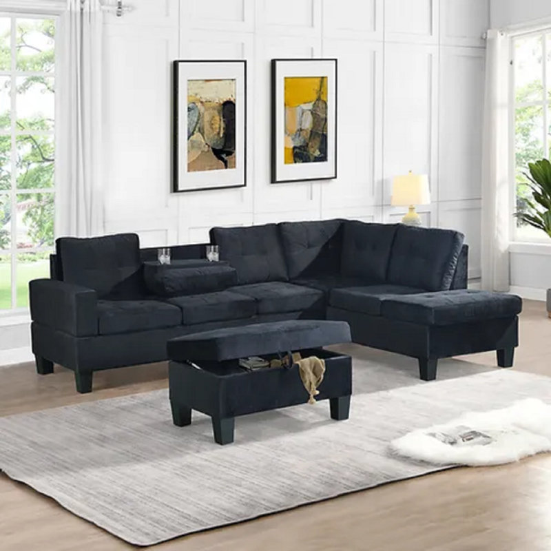 Canapé modulaire rembourré 3 pièces Erique, Velours noir