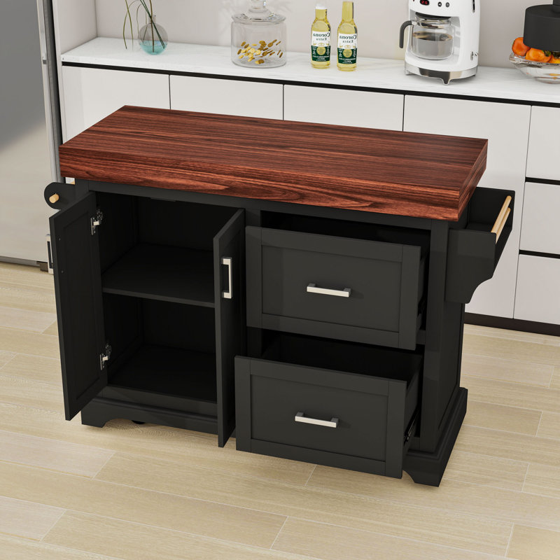 Îlot de cuisine roulant avec 2 tiroirs, supports et armoires, Black