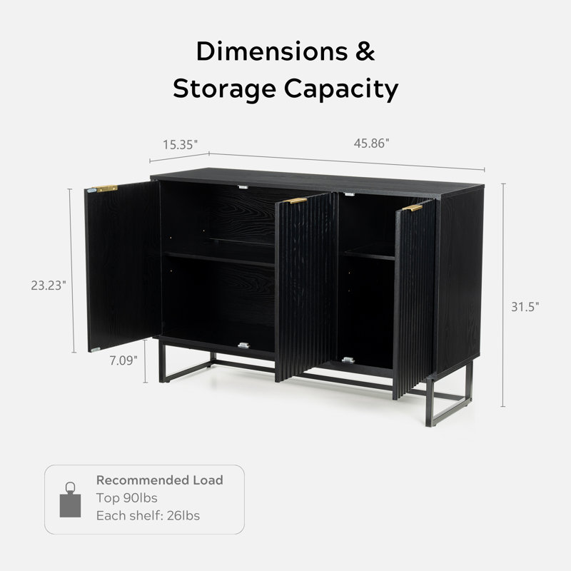 Buffet cannelé avec 3 portes et armoire d'appoint avec tablettes réglables pour le salon, Noir, noir, noir, noir