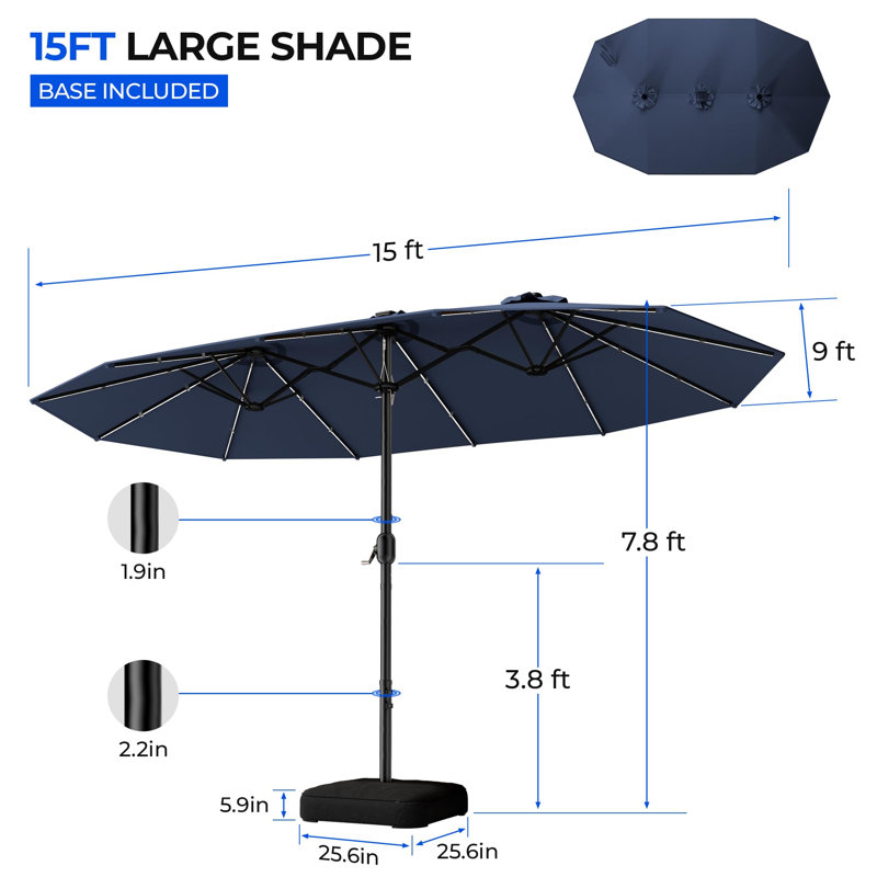 Parasols de patio double face avec base HOMSHADE - Parasol de table d'extérieur très grand avec 15 lumières RVB multicolores à DEL avec support, parasol surdimensionné pour terrasse, piscine, cour arrière