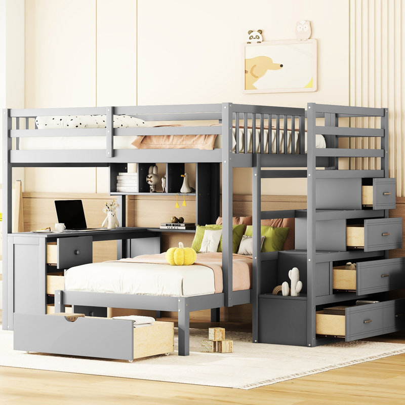Lit superposé simple au-dessus de simple gris avec bureau, tiroirs et rangement pour un lit de chambre fonctionnel et relaxant, finition, tablettes
