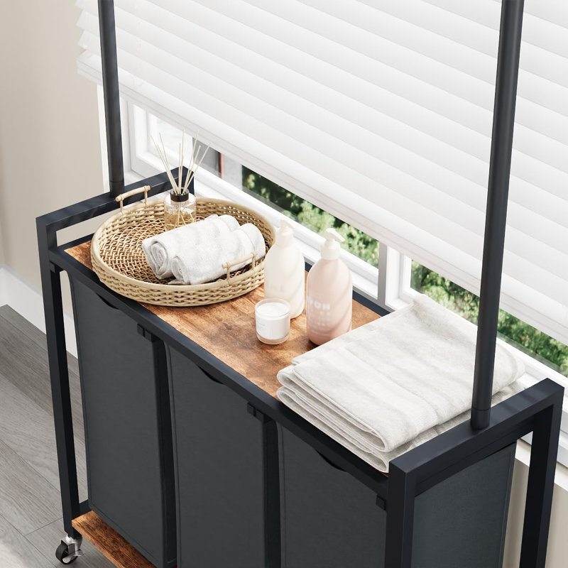 Trieur de linge, panier à linge roulant 3 sections avec support suspendu et roues, organisateur de panier à linge pour salle de lavage, brun rustique