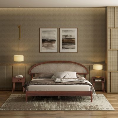 Gem Solid Wooden Bed Frame With Headboard And Natural Rattan, 1000 Lb Capacity