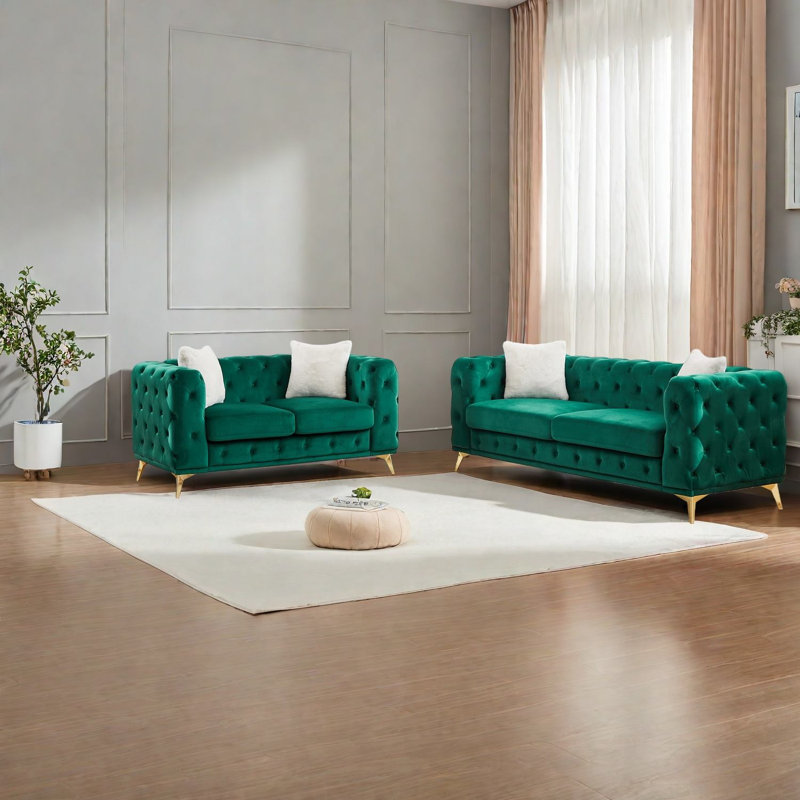 Ensemble de canapés à compression, salon en velours vert avec cadre en bois