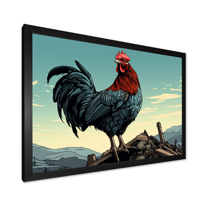 Coq à la ferme, lever de soleil, Cadre d'angle fermé noir, H 16 po x l 32 po x P 1 po