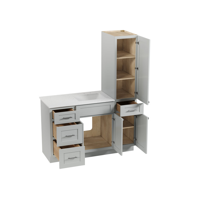 Disar 54'' Single Bathroom Vanity With Right Linen Tall Cabinet Dovetail Solid Wood Drawer Carrara Quartz Top, Gray