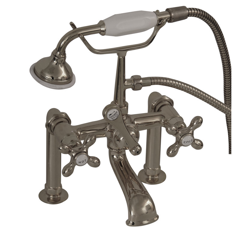 Garniture de robinet de baignoire sur pattes à trois poignées avec inverseur et douchette, Nickel brossé