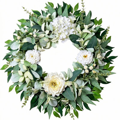 Couronne d'hortensia blanche et de dahlia de 21,6 pouces pour la porte d'entrée, couronnes toutes saisons avec hortensia blanc artificiel, fleurs de dahlia et feuilles d'eucalyptus vert mélangé pour le printemps, l'été, la maison de campagne, le rustique, l'intérieur de la maison
