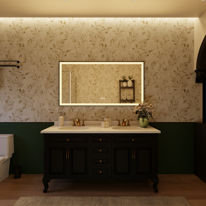 LED Lighted Dimmable Tempered Glass Bathroom Vanity Mirror With Black Aluminum Framed, Rectangle, 30" x 55"