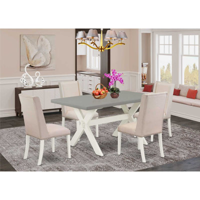 5 Piece Modern Dining Table Set Includes a Rectangle Wooden Table with X-Legs and 4 Cream Linen Fabric Upholstered Chairs, Wire brushed Linen White fi