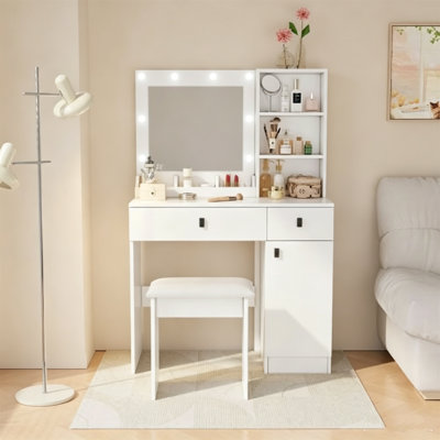 White Makeup Vanity Desk with Lighted Mirror, 3-Level Storage Cabinet & Large Drawers, Adjustable Brightness Lights Dressing Table Vanity Set with Stool for Bedroom