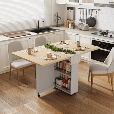 Table de salle à manger pliante avec rangement, 6 roulettes, tiroirs et tablettes, table de cuisine moderne, blanc et bois