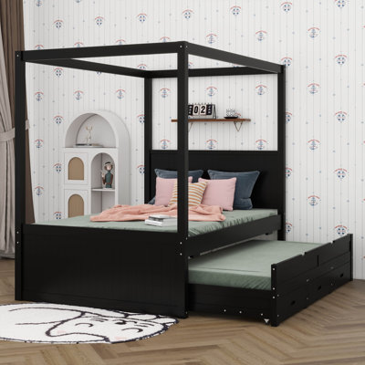 Canopy Bed with Trundle and 3 Storage Drawers, Solid Wood 4 Posters Platform Bed with Headboard