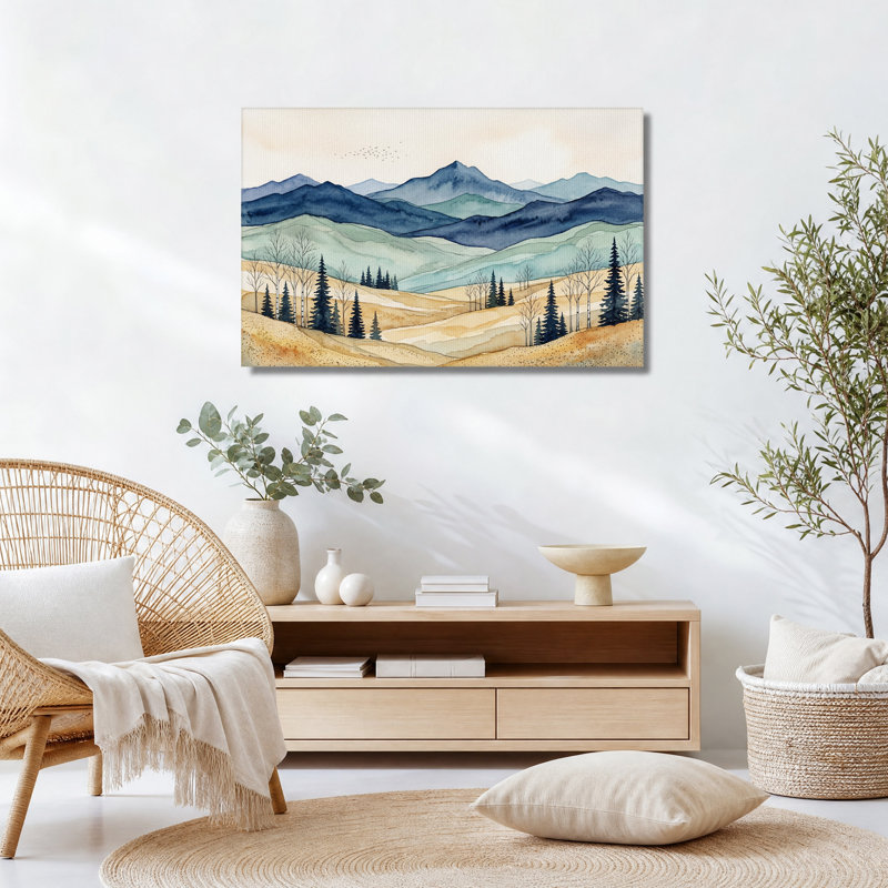 Paysage de montagne à l'aquarelle avec des pins, tableau sur toile, 12"H x 18"W