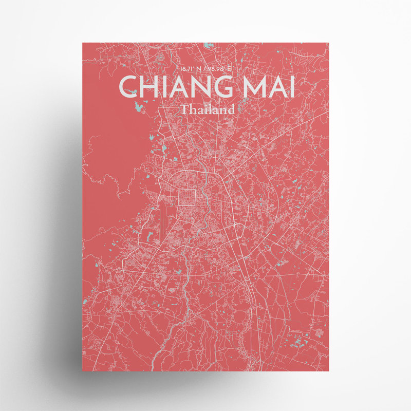 Chiang Mai City Map in Maritime 1 Piece Wall Art, 24cm H x 18cm W x 0.05cm D
