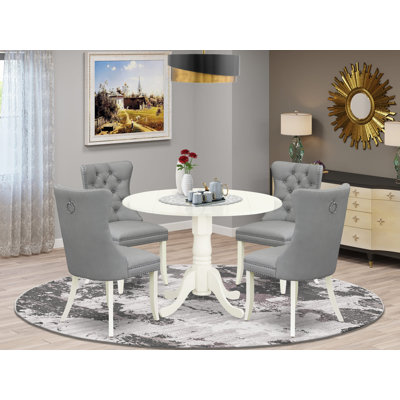 L'ensemble de salle à manger 5 pièces comprend une table de cuisine ronde avec Dropleaf et 4 chaises Parson rembourrées, lin blanc
