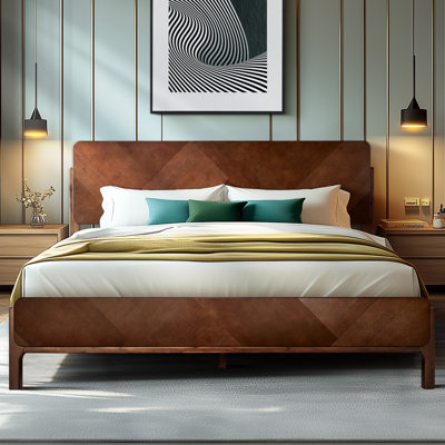 RORNS Bifrost 100% Solid Acacia Wood King Platform Bed with Tall Headboard and Footboard, Mid-Century Art Deco Design, No Box Spring Needed, Sturdy Slat Support, Scratch & Water-Resistant, Walnut Finish