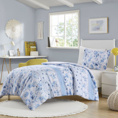Housse de couette simple en microfibre à motif floral et rayé, fermeture à boutons, lavable, literie avec attaches intérieures et rayures, tissu, lavable à la machine