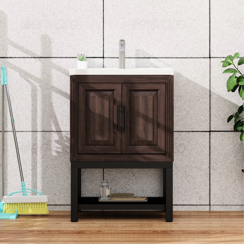 Meuble-lavabo 24 po avec lavabo à surface lisse blanc, robinet chaud et froid de haute qualité, 2 portes d'armoire, tablette ouverte, poignées en métal, design moderne, céramique autoportante noyer de couleur principale