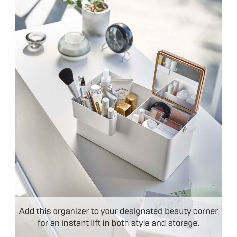 White Steel and Wood Makeup Organizer with Mirror and Handle