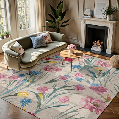 Tapis aquarelle floral 8 x 10 - beige doux avec des fleurs roses, bleues et jaunes, tapis hypoallergénique antidérapant pour le salon, la chambre à coucher, la décoration intérieure Boho.