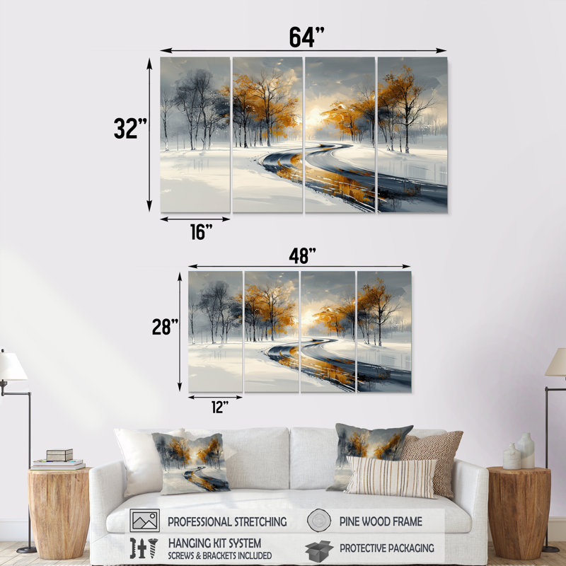 Or et blanc route givrée en hiver III - ensemble d'art mural sur toile paysage d'hiver, H 28 po x l 48 po