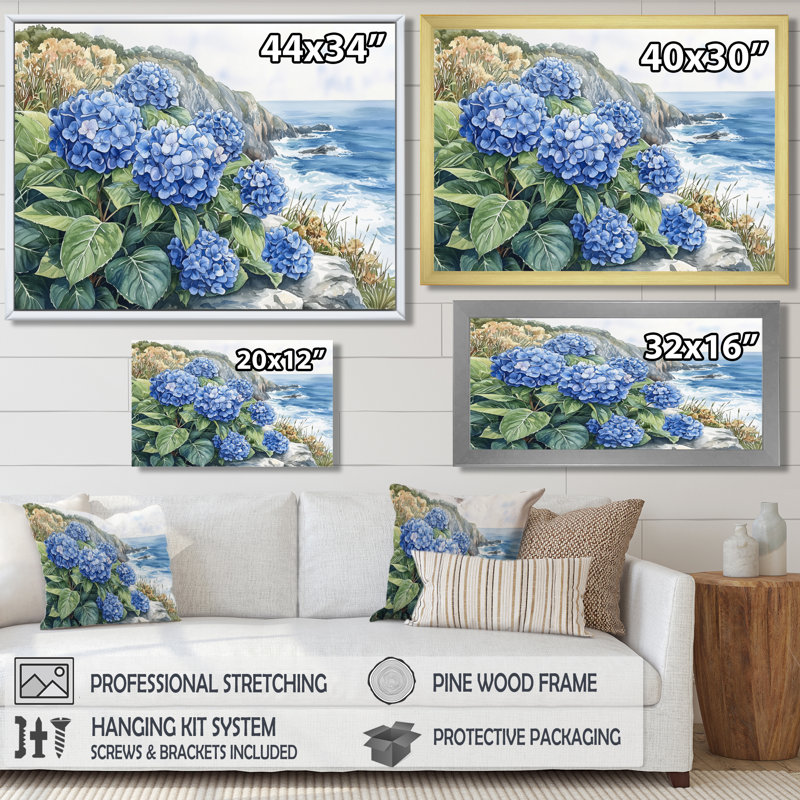 «Hydrangeas By The Seaside Cliff II - Hydrangea», reproduction sur toile, Reproduction encadrée d'une seule photo