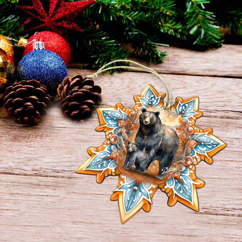 Black Bear Snowflake Large Wooden Ornament By G. Debrekht