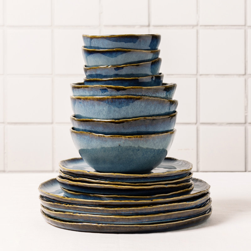 Services de vaisselle en grès 16 pièces ALOFMO Handcrafted Charm, Bleu
